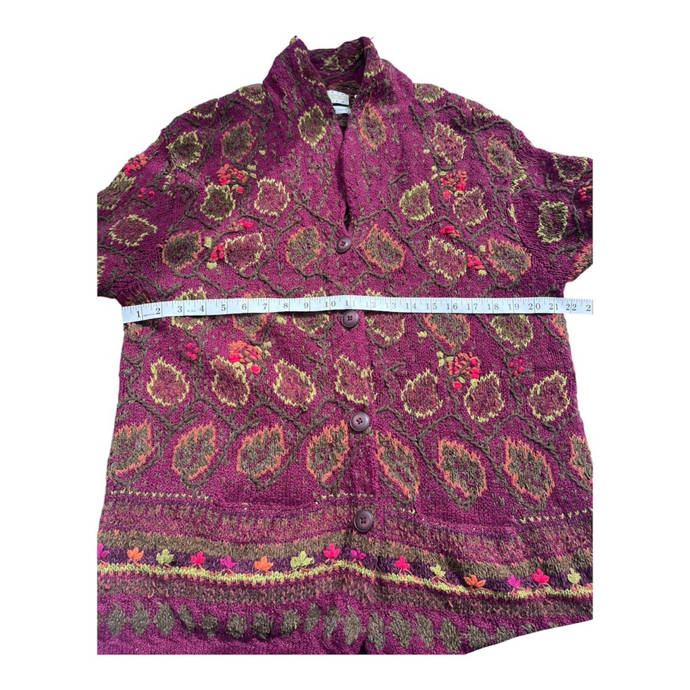VTG 1997 Hand knit Burgundy Autumn Leaf Long Cardigan Sigrid Olsen sz XL - Picture 7 of 10